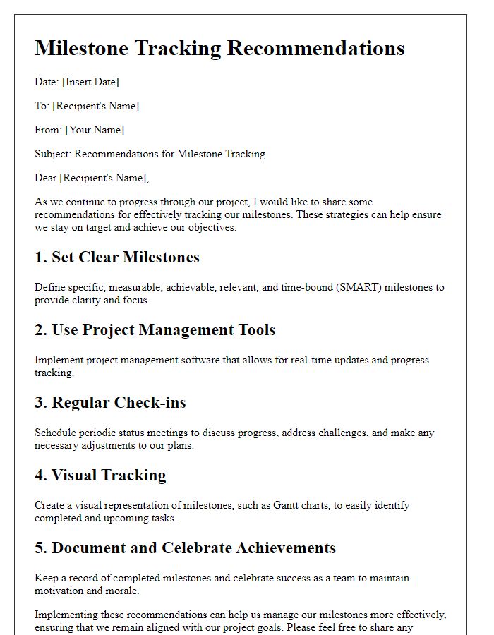 Letter template of milestone tracking recommendations