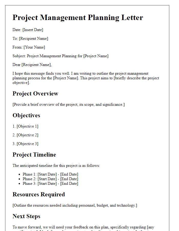 Letter template of project management planning