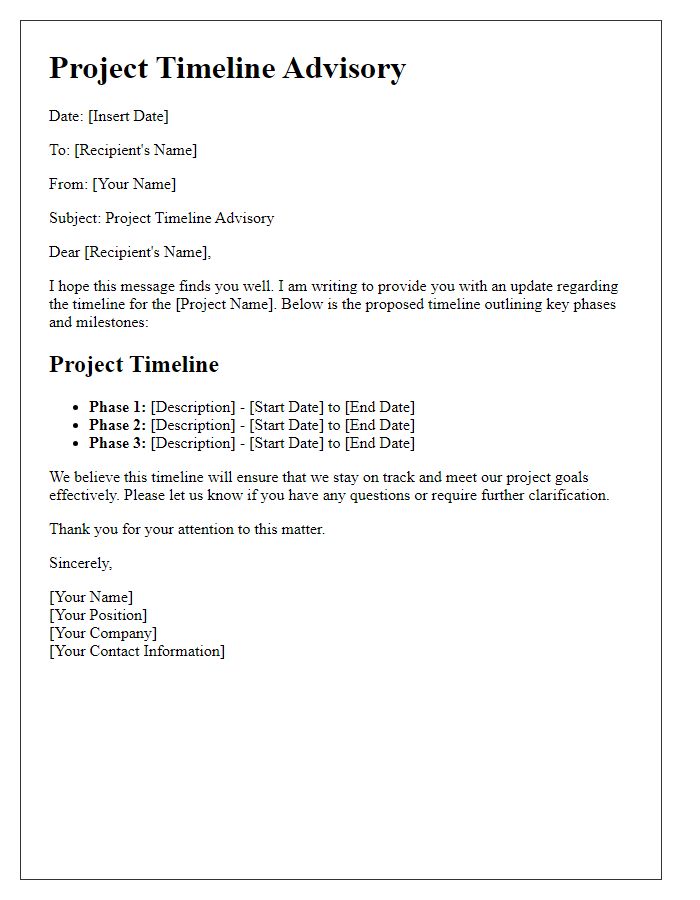 Letter template of project timeline advisory