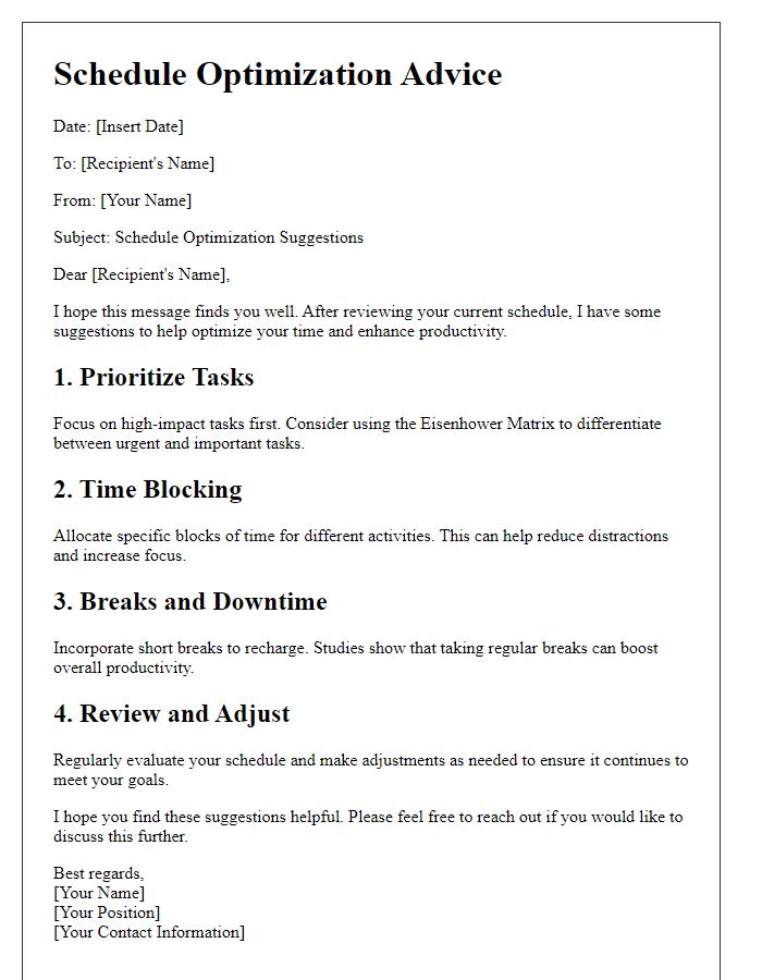 Letter template of schedule optimization advice