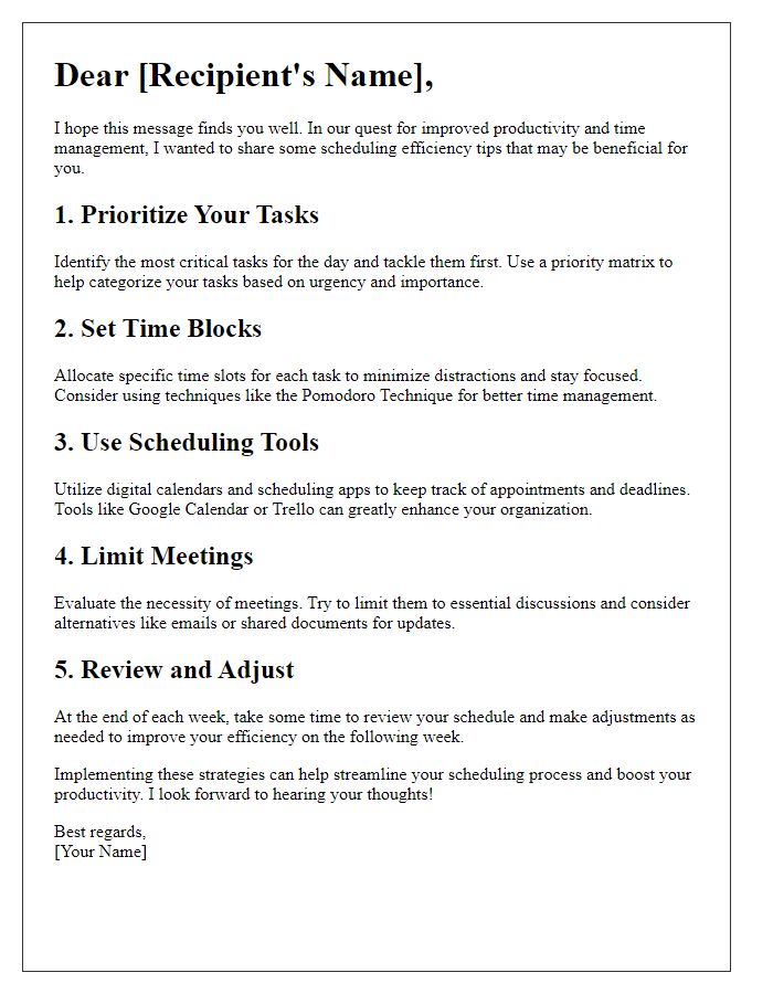 Letter template of scheduling efficiency tips