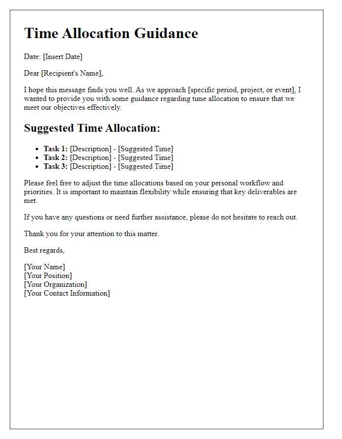 Letter template of time allocation guidance