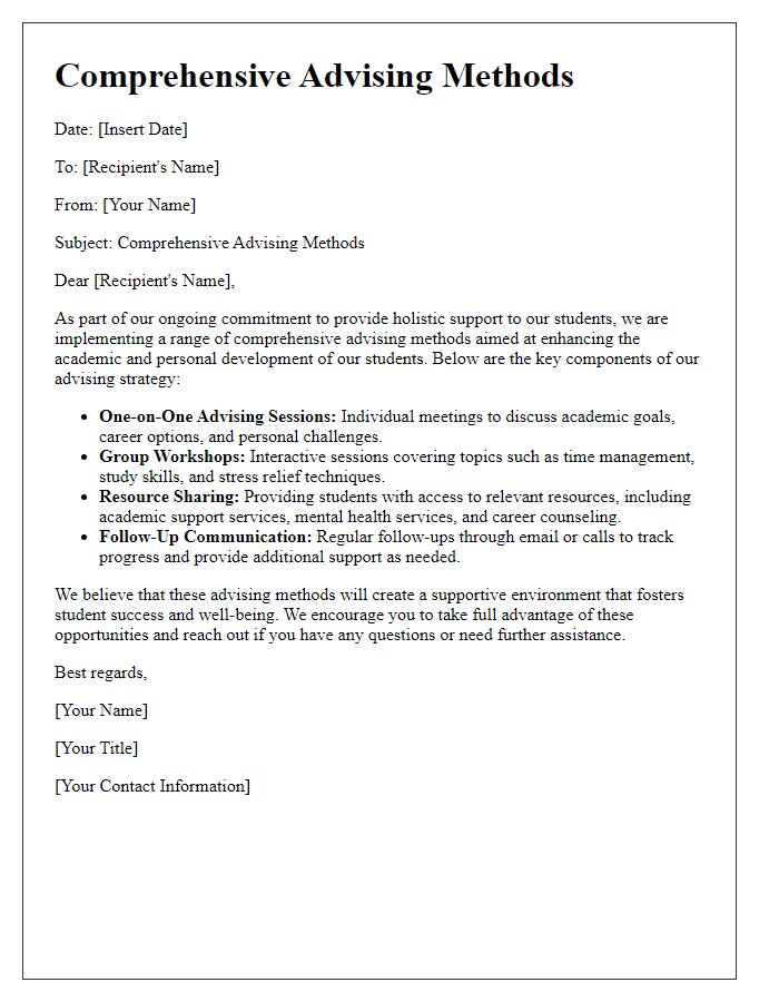 Letter template of comprehensive advising methods