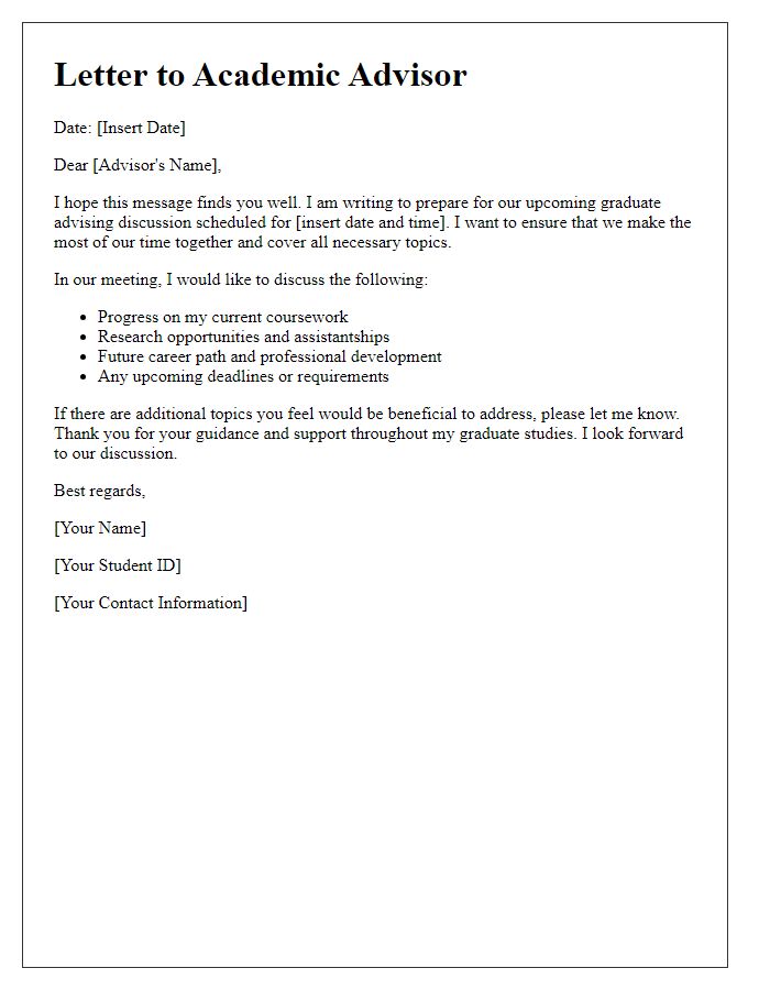 Letter template of preparing for a graduate advising discussion