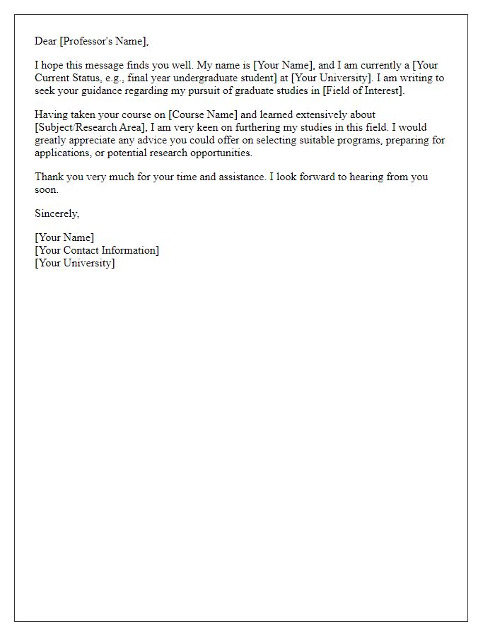 Letter template of requesting guidance for graduate studies