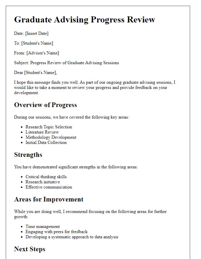 Letter template of reviewing progress in graduate advising sessions