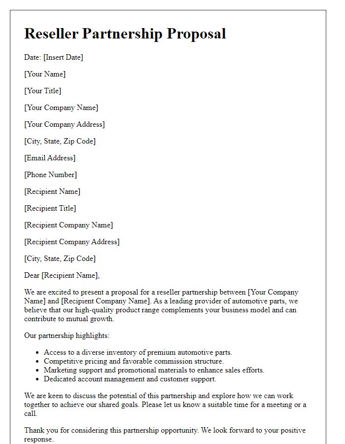 Letter template of Reseller Partnership Proposal for Automotive Parts