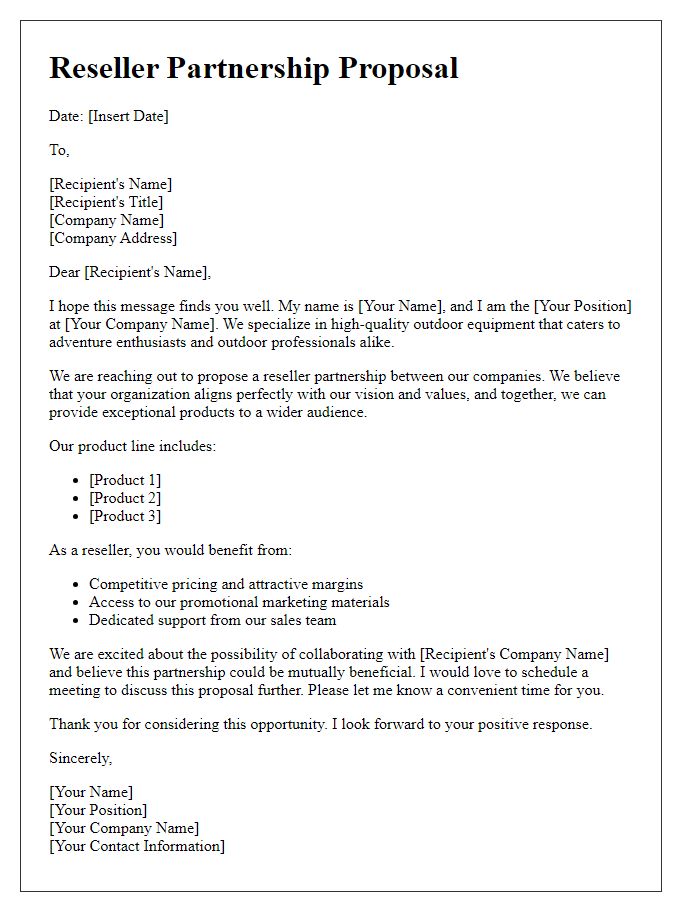 Letter template of Reseller Partnership Proposal for Outdoor Equipment