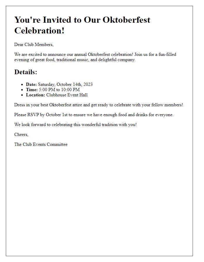 Letter template of Oktoberfest celebration invite for club members