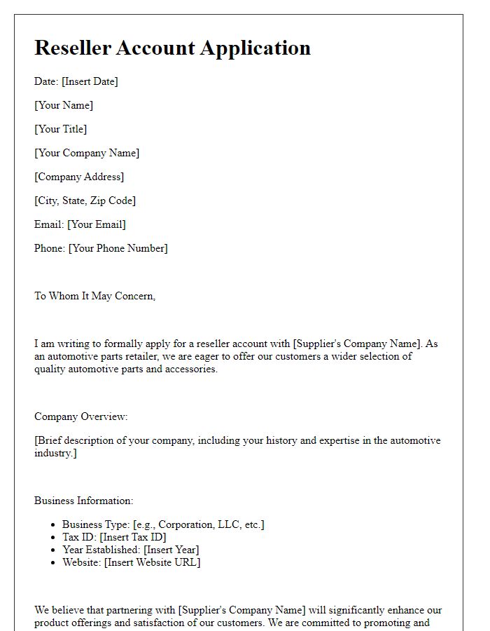 Letter template of reseller account application for automotive parts retailers.