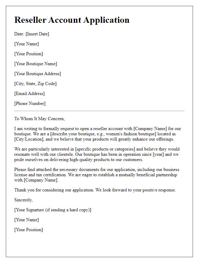 Letter template of reseller account application for boutique shops.
