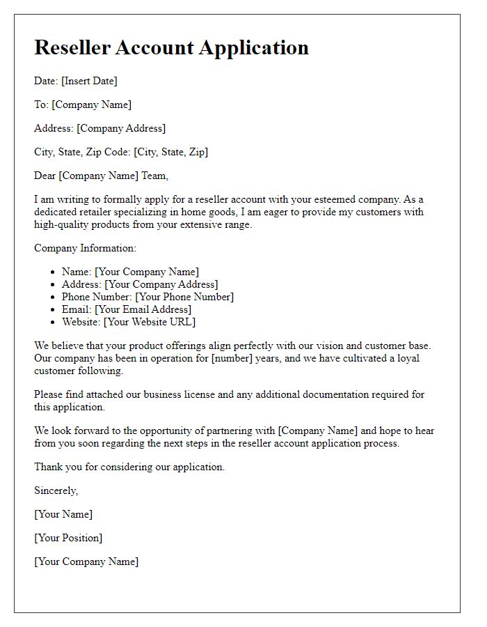 Letter template of reseller account application for home goods retailers.