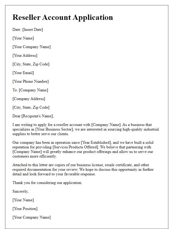 Letter template of reseller account application for industrial supply companies.