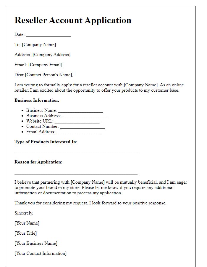 Letter template of reseller account application for online stores.