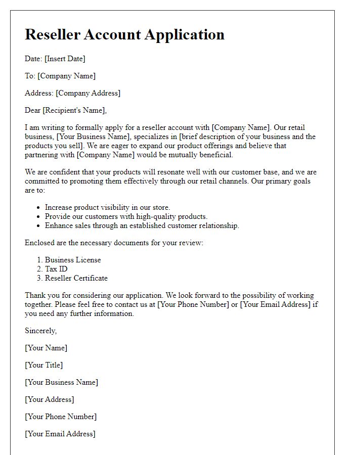 Letter template of reseller account application for retail businesses.