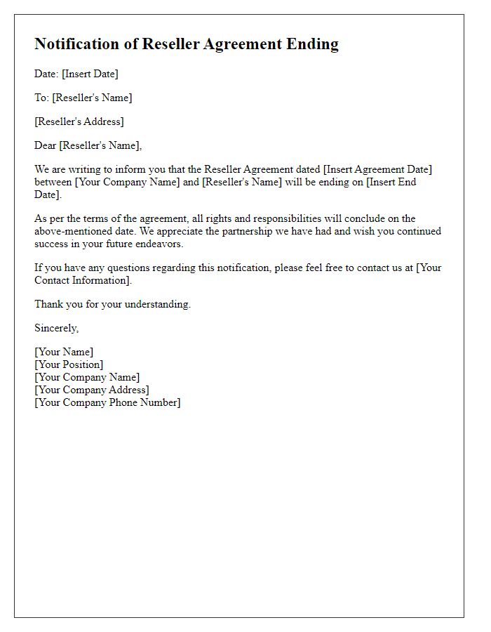 Letter template of Notification for Reseller Agreement Ending