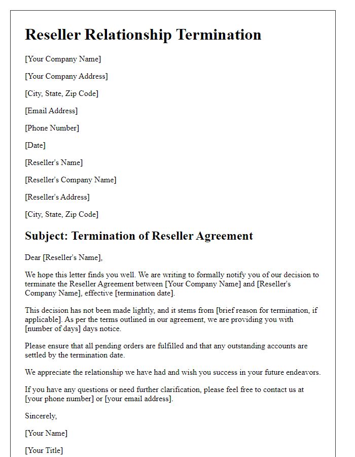 Letter template of Reseller Relationship Termination