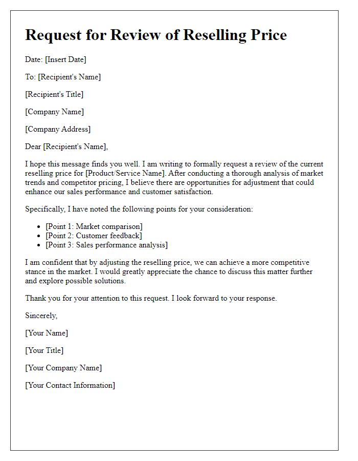 Letter template of reselling price review request