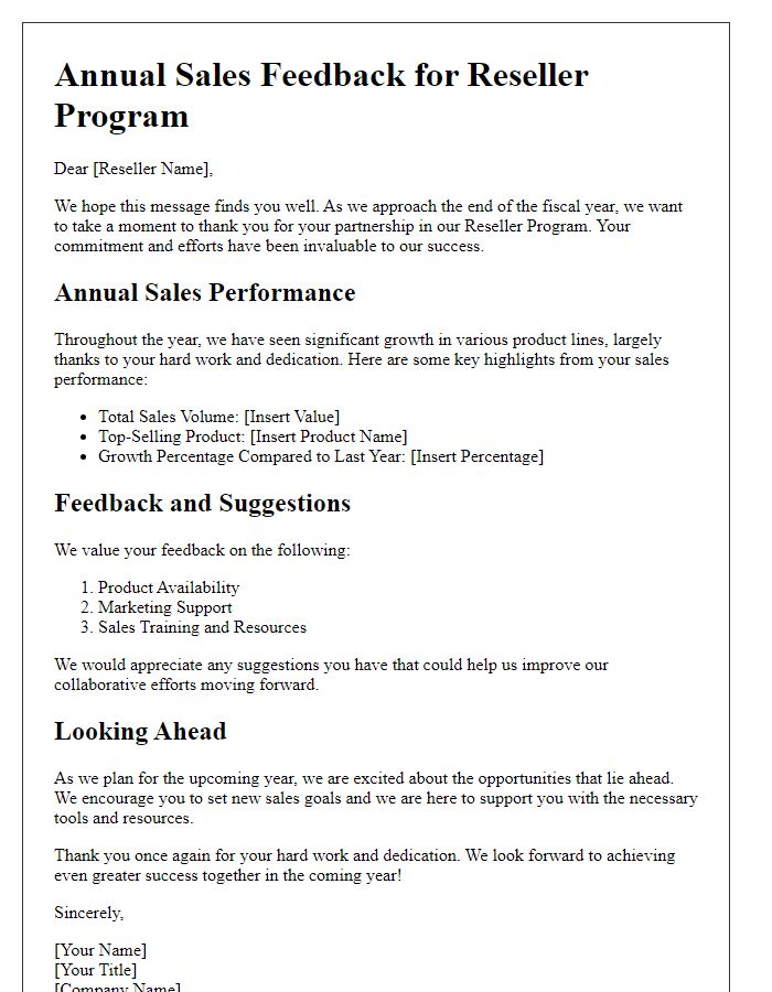 Letter template of Annual Sales Feedback for Reseller Program