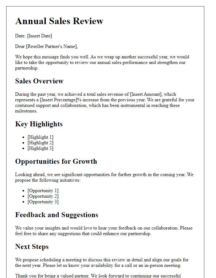 Letter template of Annual Sales Review for Reseller Partnerships