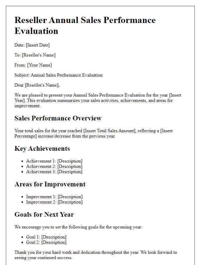 Letter template of Reseller Annual Sales Performance Evaluation