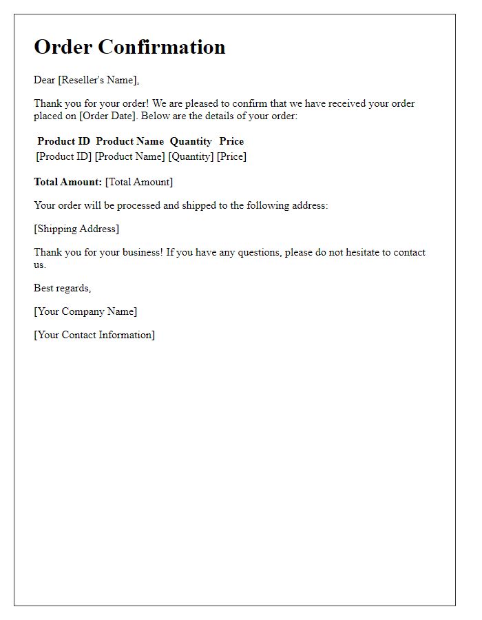 Letter template of reseller order confirmation email