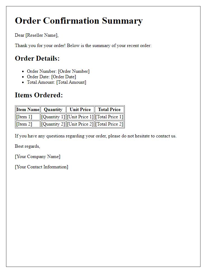 Letter template of reseller order summary confirmation