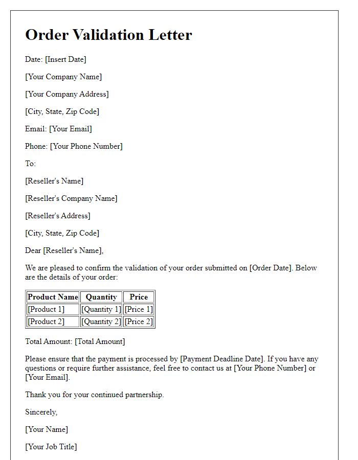 Letter template of reseller order validation letter