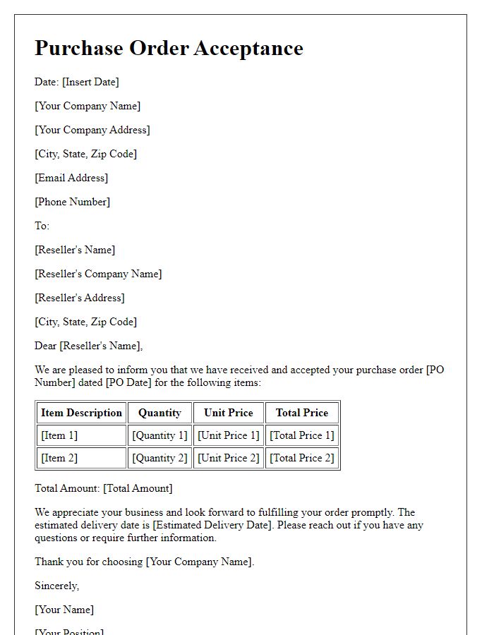 Letter template of reseller purchase order acceptance