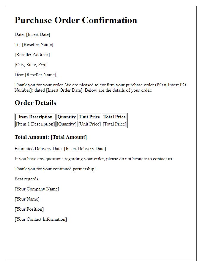 Letter template of reseller purchase order confirmation notice