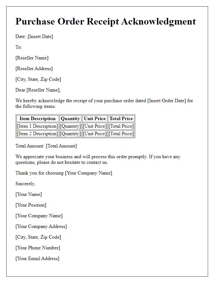 Letter template of reseller purchase order receipt acknowledgment