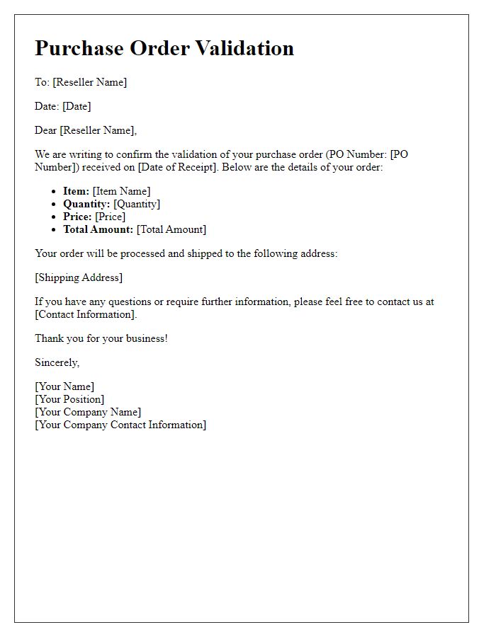 Letter template of reseller purchase order validation