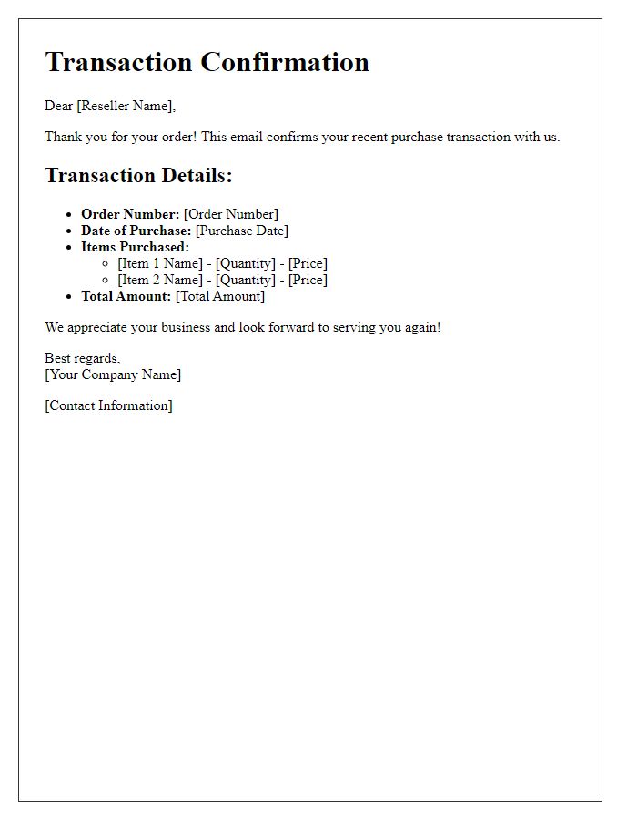 Letter template of reseller purchase transaction confirmation