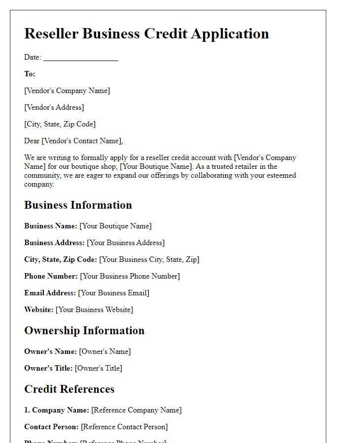 Letter template of reseller business credit application for boutique shops.