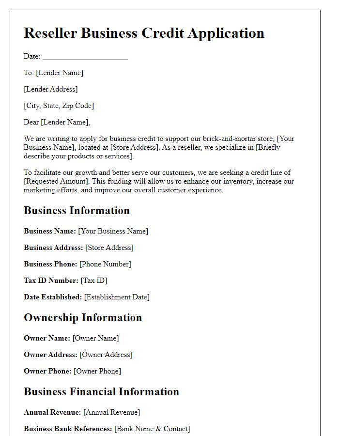 Letter template of reseller business credit application for brick-and-mortar stores.