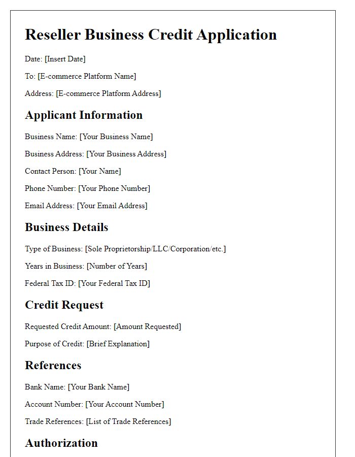 Letter template of reseller business credit application for e-commerce platforms.