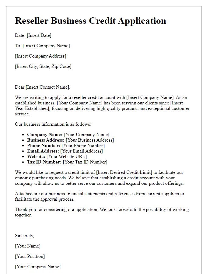 Letter template of reseller business credit application for established businesses.