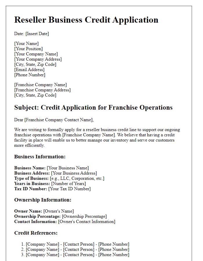 Letter template of reseller business credit application for franchise operations.