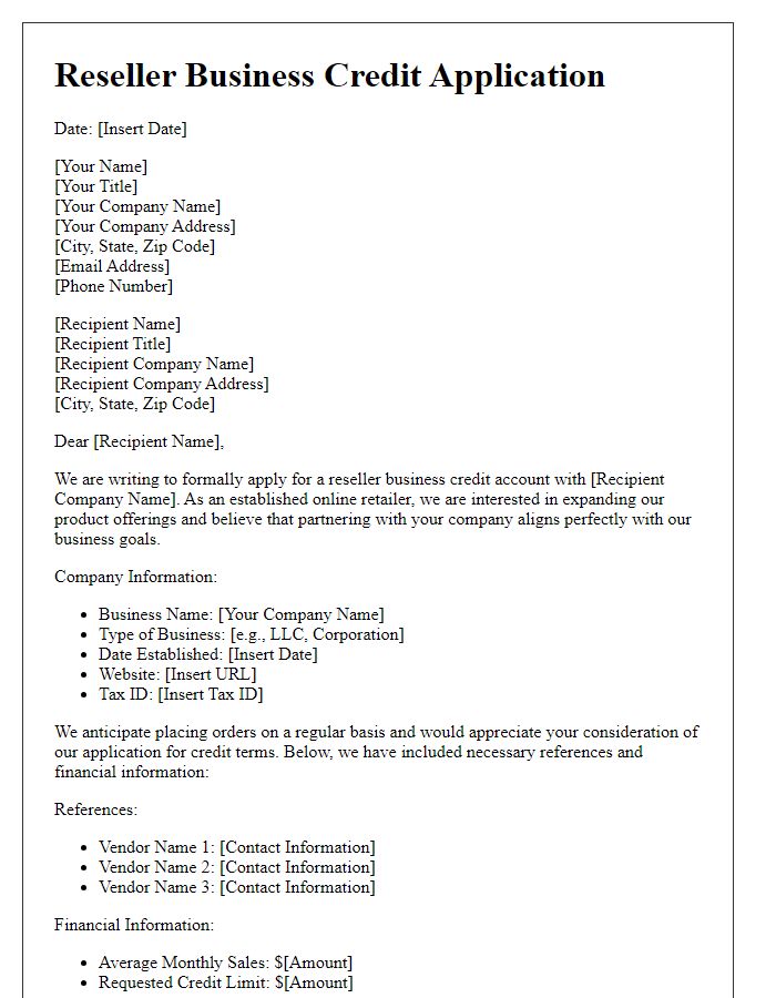 Letter template of reseller business credit application for online retailers.