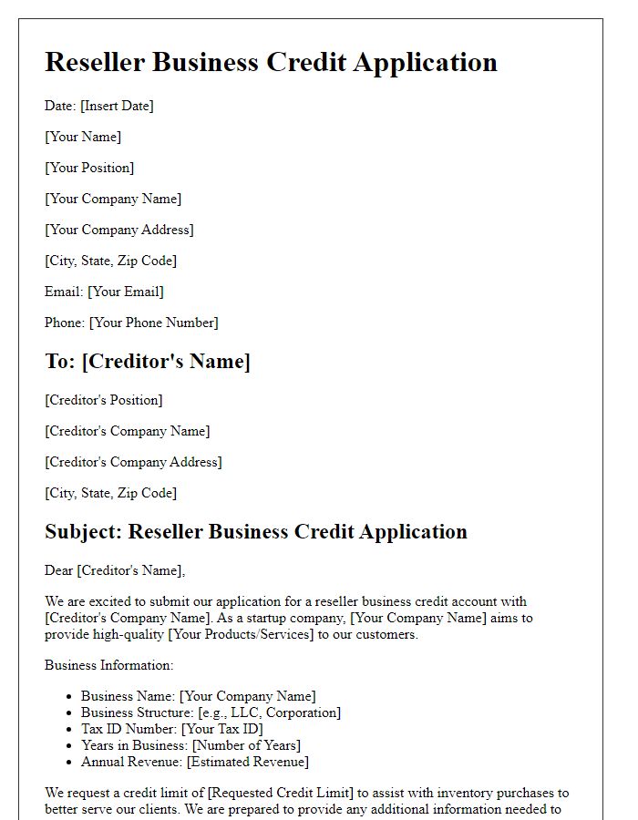 Letter template of reseller business credit application for startup companies.