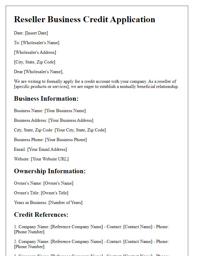 Letter template of reseller business credit application for wholesalers.