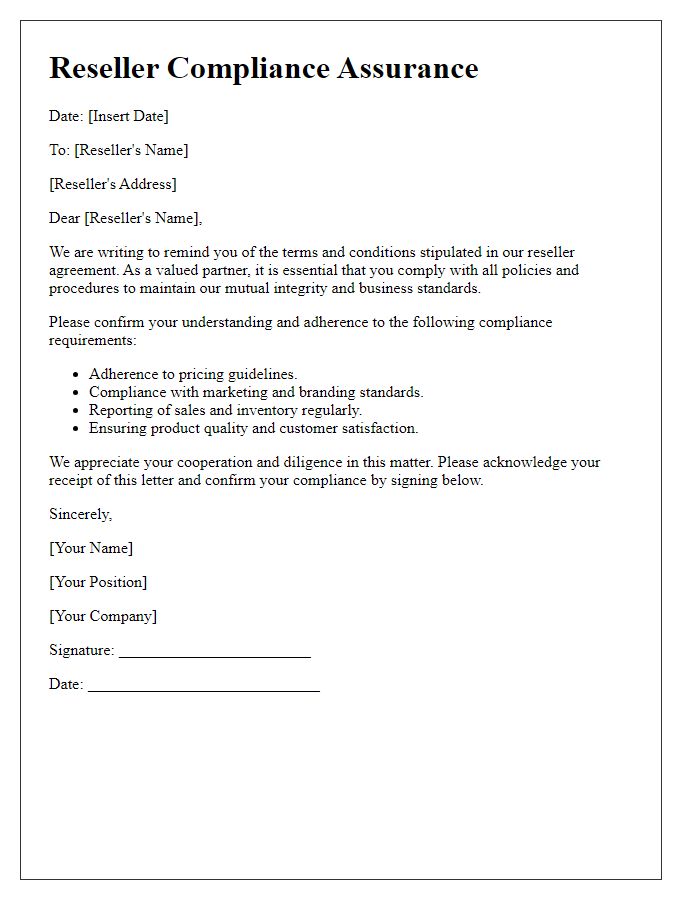 Letter template of Reseller Compliance Assurance