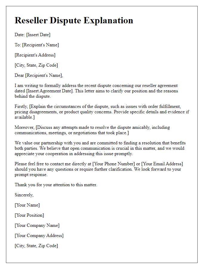 Letter template of Reseller Dispute Explanation