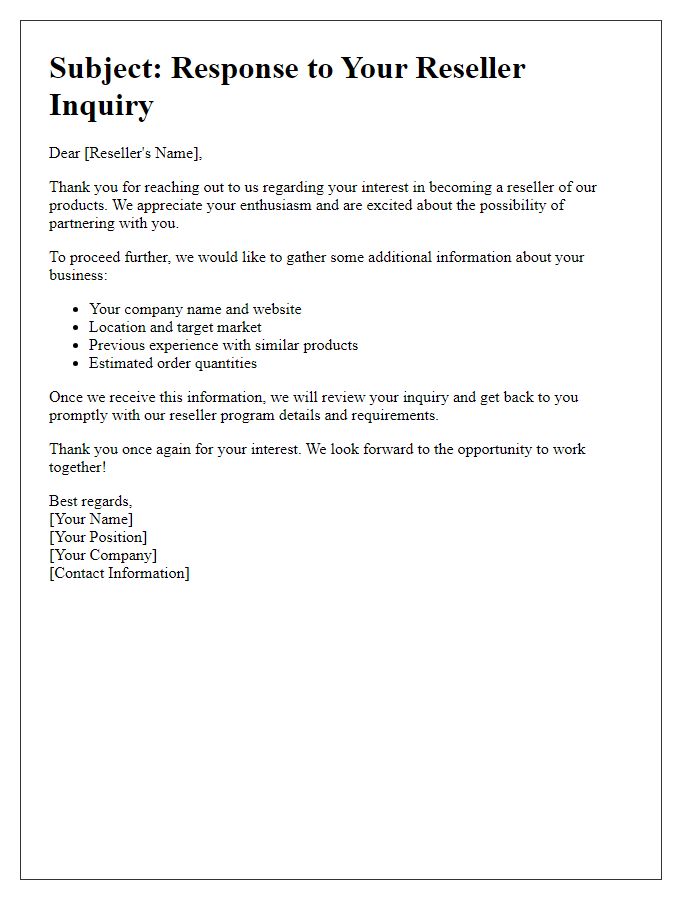 Letter template of Reseller Inquiry Response