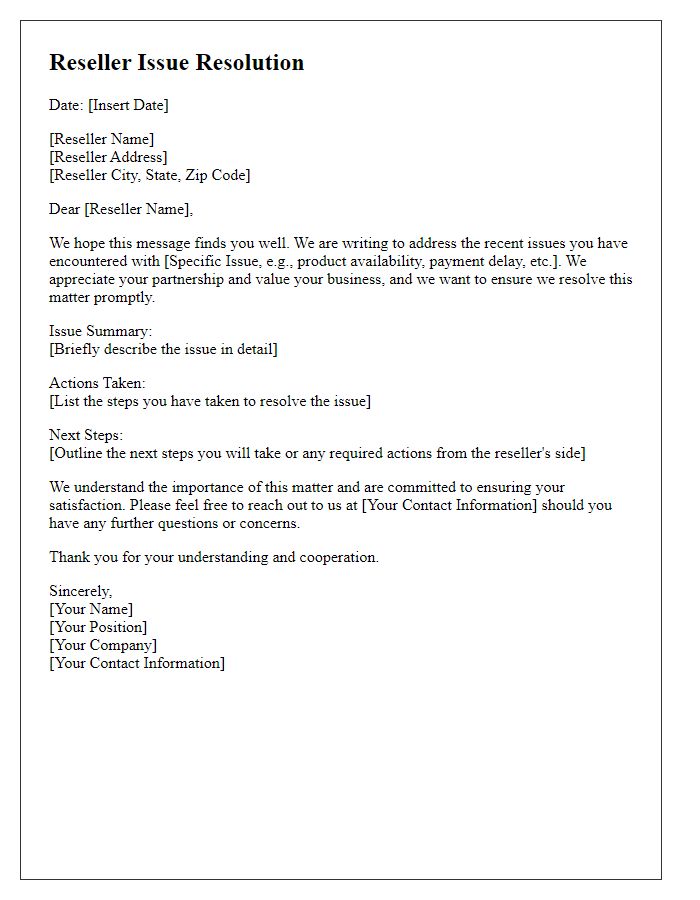 Letter template of Reseller Issue Resolution