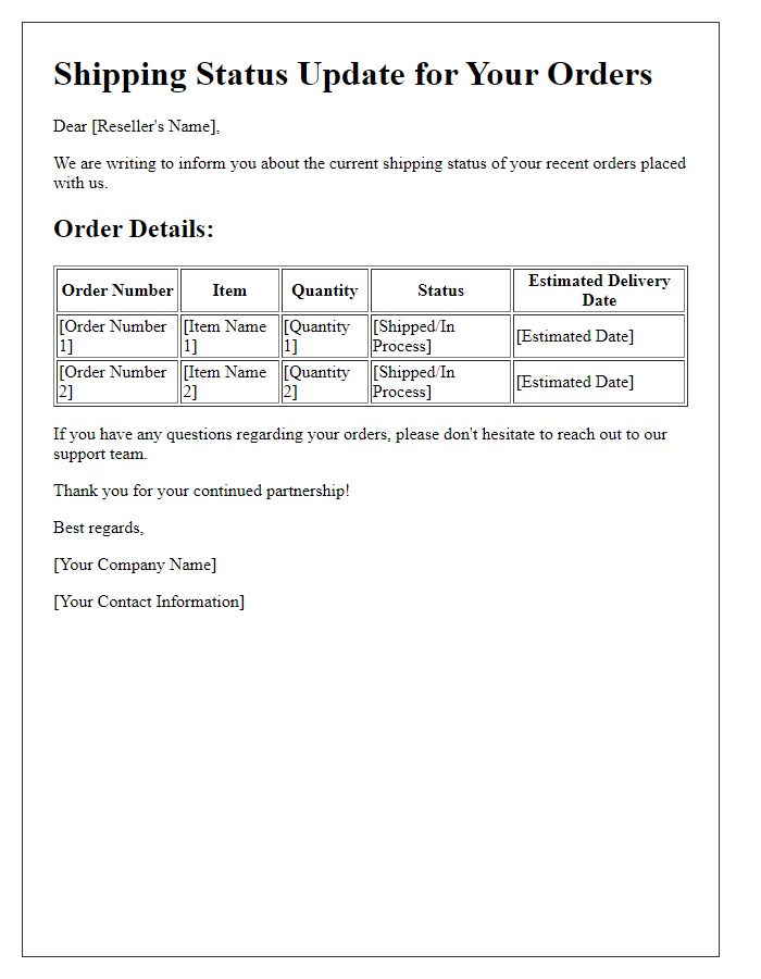 Letter template of shipping status update for reseller orders