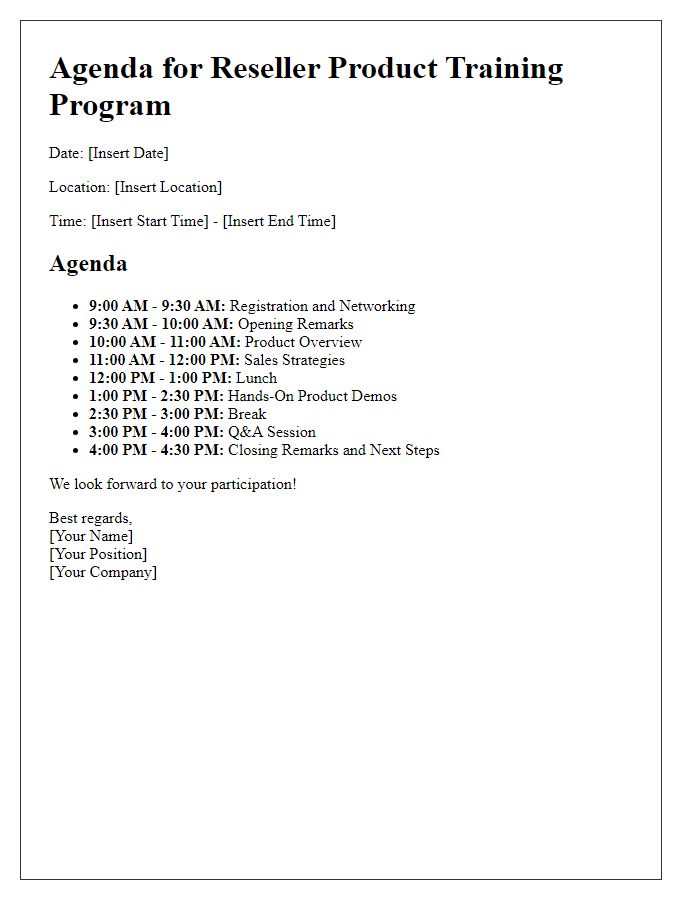 Letter template of agenda for reseller product training program.