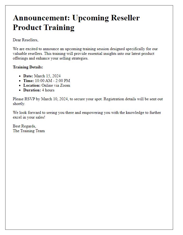 Letter template of announcement for upcoming reseller product training.