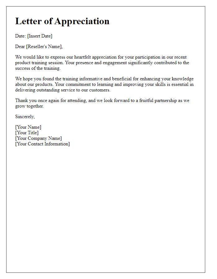 Letter template of appreciation for attending reseller product training.