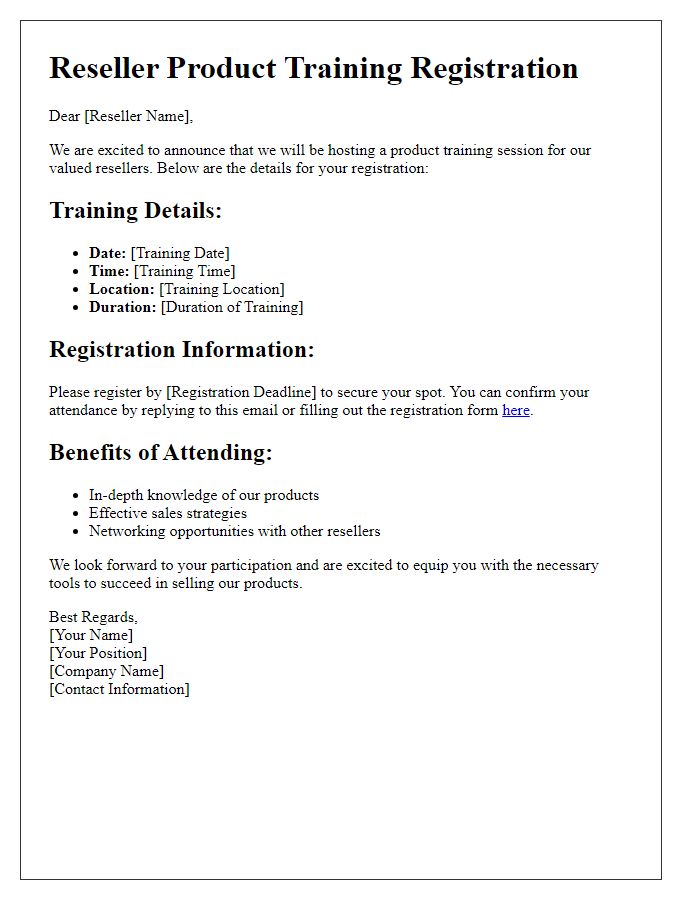 Letter template of details for reseller product training registration.